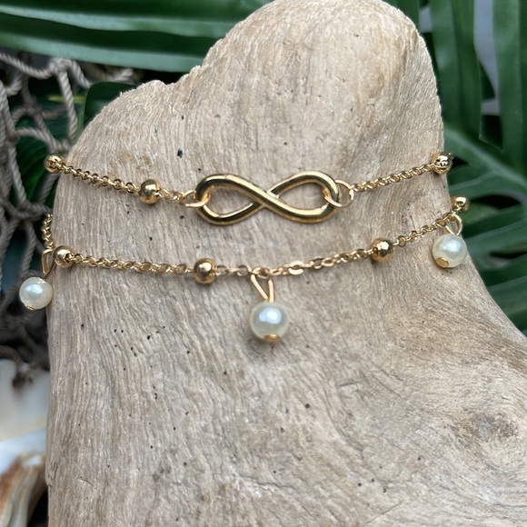 Infinity Pearl Layered Chain 14k Gold Tone Anklet Beach Chic - Picture 7 of 11